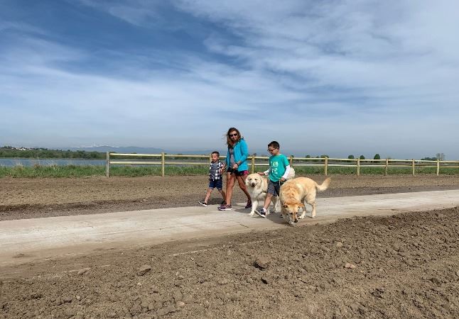 a family and two dogs walk on a trail